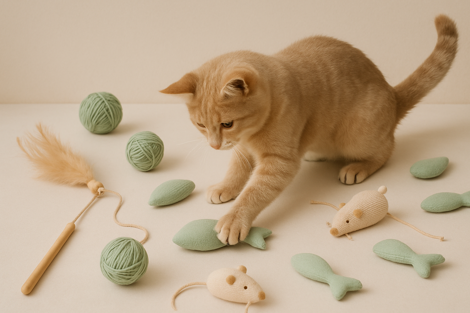 can you make a cat playing with toys but make the toys beige sage green and light colours